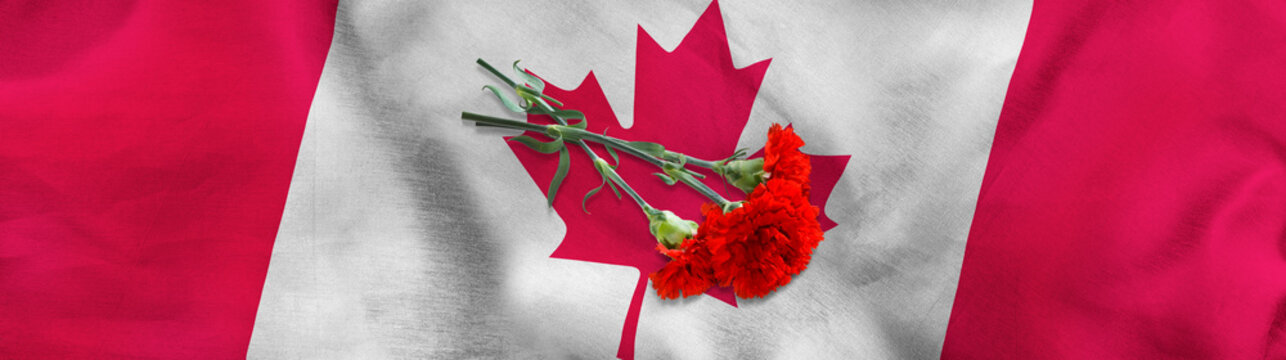  three red carnations lying on the flag of Canada