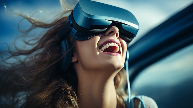  Future is now, young pretty woman use virtual reality headset, digital 3d world. Generative AI