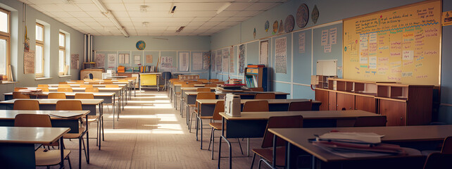 panorama of a fully equipped classroom with rows of desks and chairs ready for learning, back to school, classroom wallpaper, AI