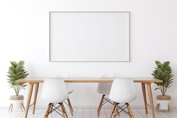 Mockup of a frame in a Scandinavian dining room made of wood, with a simple, colorful background.