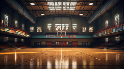 basketball court with a hoop in a gymnasium, empty background for your text, interior design, cinematic dark light, back to school, sport wallpaper, AI