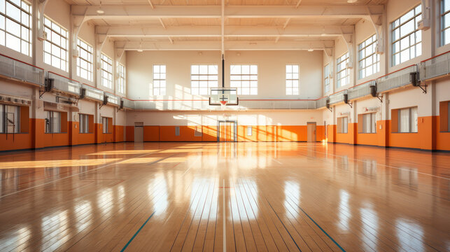 empty gymnasium with hardwood floors and natural lighting through the windows, symmetric view, sport in school background concept, AI