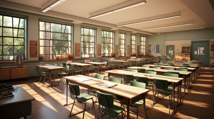 high school class without students and desks, interior design with beautiful light and shadow, back to school background, AI