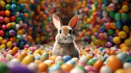 Fototapeta na wymiar Cheerful Easter Bunny surrounded by colorful Easter eggs, Generative AI.