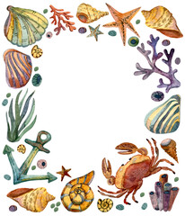 Crab, shells, anchor, mollusks, algae, corals, sea rocks and inhabitants. Decorative frame with marine life. Watercolor illustration isolated on a white background.