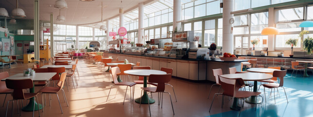 panorama of cafeteria with tables, chairs, and a counter in a school canteen, AI