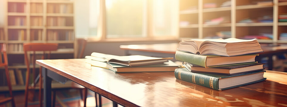 Inspiring Classroom Environment: Books in School Setting, Banner Background, morning light, light orange ambience with lens flare, serene wallpaper, AI