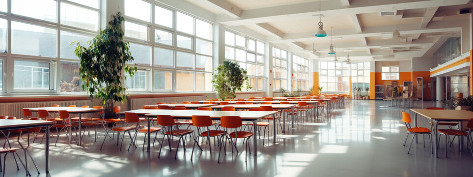 panorama of spacious self-service school canteen with tables and chairs, AI 