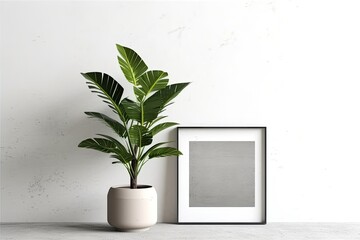 light frame Zamioculcas plant in a pot and mockup against a white wall.