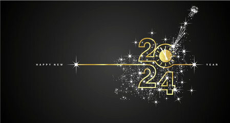 New Year 2024 countdown line design firework champagne gold white black background vector