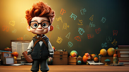 cheerful cartoon boy in classroom, schoolboy with glasses in front of a background with school supplies,  playful element,  back to school graphics, AI