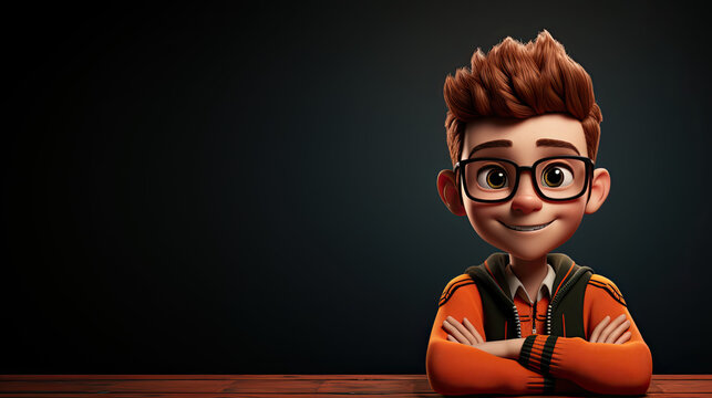 cute cartoon character boy ready for school with glasses and a sweater, a school blackboard in the background, AI