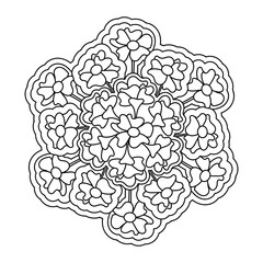 Meditative mandala floral coloring book page. Doodle Flowers Vector black and white illustration. Hand-drawn round background.