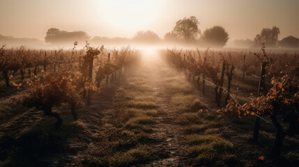 vineyard with a misty sunrise, bringing new day. - obrazy, fototapety, plakaty