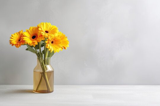 Yellow gerbera bouquet in a vase on a table with a white wall in the backdrop. Scandinavian minimalistic background mockup with copy space.