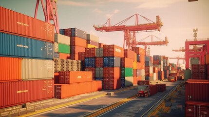 Container Terminal with shipping containers stacked high, Generative AI.