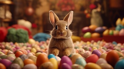 Fototapeta na wymiar Cute Easter bunny surrounded by colorful Easter eggs, Generative AI.