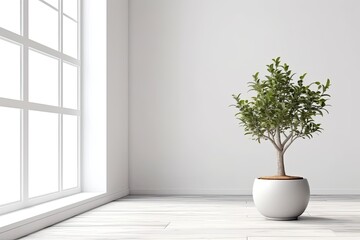 tree pot on table in room with blank white walls