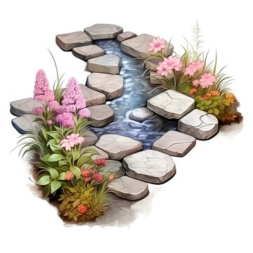 watercolor stone path with pink flowers clip art preview