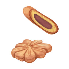 Watercolor traditional Japanese sweets Momiji Manju are sweet pastries stuffed in the shape of a maple leaf, made during the autumn season of admiring maple trees.