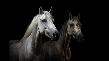 Two horse close up isolated on black background