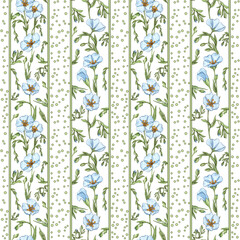 Watercolor flax flowers seamless pattern. Blue linen flowers on white background.