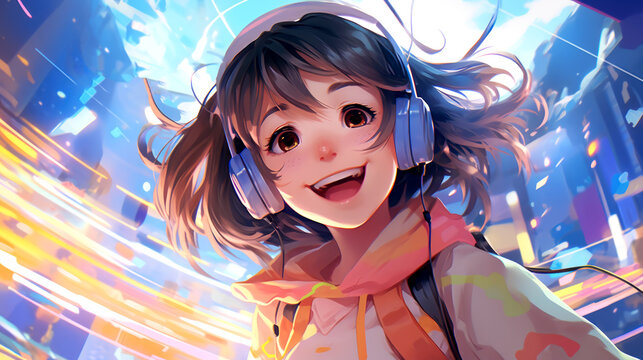 Beautiful anime girl smiling, listening to music with headphones background, generative ai illustration