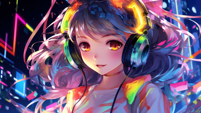 Anime girl listening to music with headphones. Cartoon drawing of pretty woman relaxing. Lofi hip hop music. Study girl chilling. Generative ai