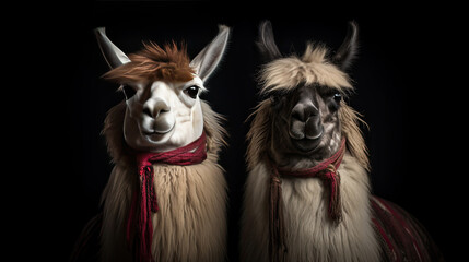 Portrait of two alpacas in stable. South American camelid.