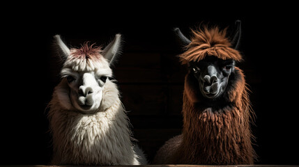 Portrait of two alpacas in stable. South American camelid.