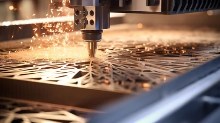 Fotobehang Laser cutting. Metal machining with sparks on CNC laser engraving maching Generative AI © Suleyman