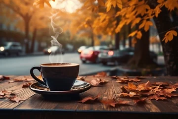 Gordijnen cup of coffee on cafe table street view with cars and fall autumn leaves © Sam