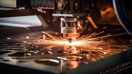 Laser cutting. Metal machining with sparks on CNC laser engraving maching Generative AI