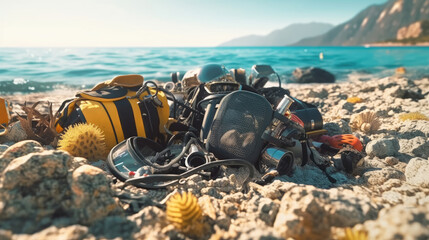 Modern diving equipment on the beach