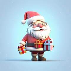 happy santa claus cartoon with a gift on a plain background