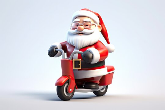 happy santa claus cartoon with a gift on a bike on a plain background