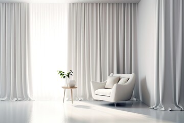 Interior mock-up of a living room with a blank wall, white chair, and curtain.
