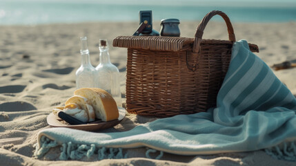 Picnic with basket and blanket at the beach