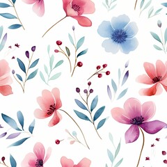 Dynamic Blue and Red Flowers Watercolor in a Seamless Pattern
