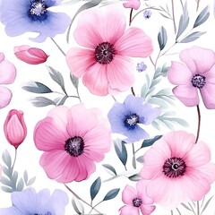 Delicate Soft Pink Flowers Watercolor in a Seamless Pattern