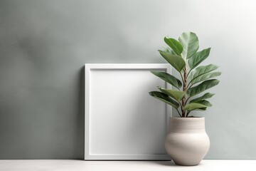 Mockup of a gray wall with a blank landscape frame and a house plant pot.
