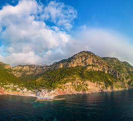 The island Mallorca in a aerial panoramic point of view, Mallorca Panorama, Island of Mediterranean Sea, aerial landscape view, Panoramic Skyline, travel summer vibes, cloudy sky, Sunset