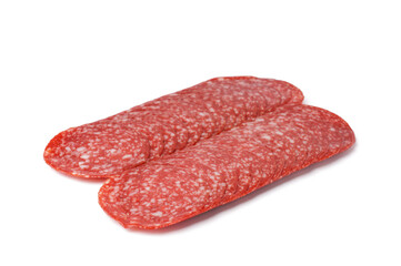Slices of tasty salami isolated on white background