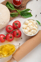 Raw dough and ingredients for preparing pizza on light background