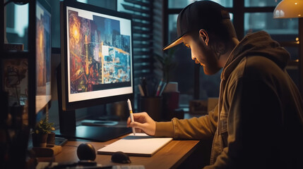 A graphic designer drawing on the computer