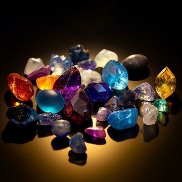 Jewel on black shine color, Collection of many different natural gemstones amethyst, lapis lazuli, rose quartz, citrine, ruby, amazonite, moonstone, labradorite, chalcedony, blue topaz
