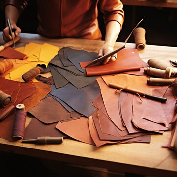 Leather craft or leather working. Selected pieces of beautifully colored or tanned leather on a leather craftsman's work desk.
