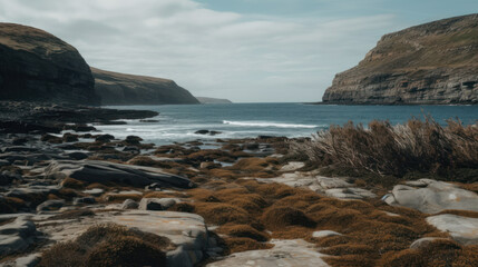 Wild, unspoiled and deserted rocky beach with high cliffs and an island in the background.