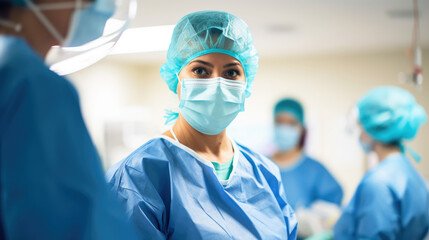 woman surgeon wearing scrubs and mask, hospital operating room, female