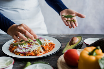 Mexican woman hands preparing chilaquiles with red sauce and eating traditional mexican food for breakfast in Mexico Latin America
